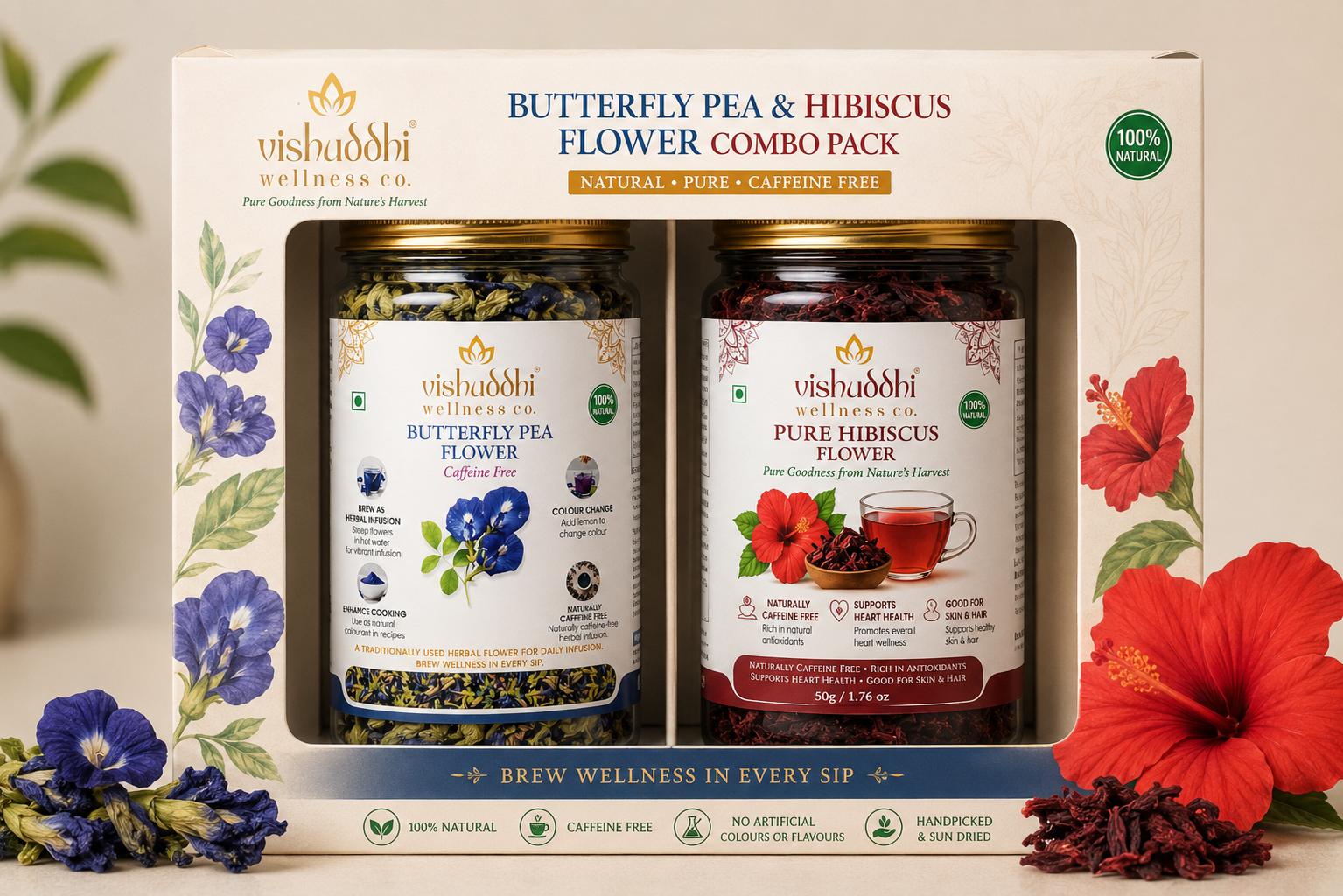 Vishuddhi Wellness Co. Butterfly Pea Flower Herbal Infusion (50g) + Hibiscus Flower(50g) Combo