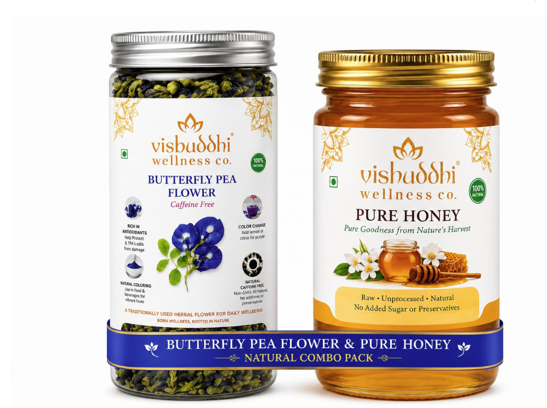 Vishuddhi Wellness Co. Butterfly Pea Flower Herbal Infusion (50g) + Natural Honey (100g) Combo